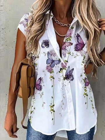Turn-down Collar Button Short Sleeve Casual Blouses Tops