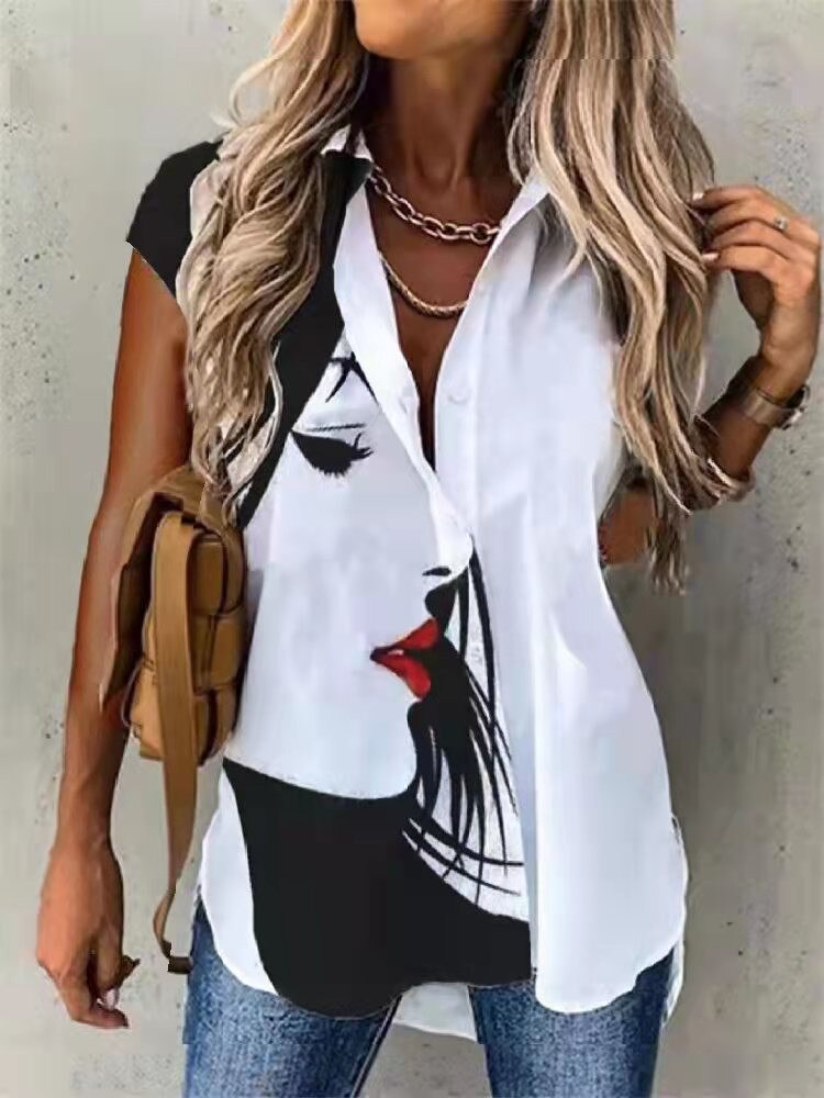 Turn-down Collar Button Short Sleeve Casual Blouses Tops