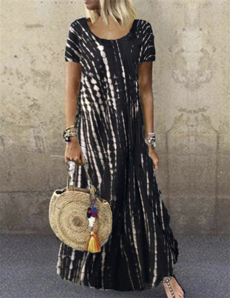 Fashion Tie Dye Print O Neck Pullover Short Sleeve Maxi Dress