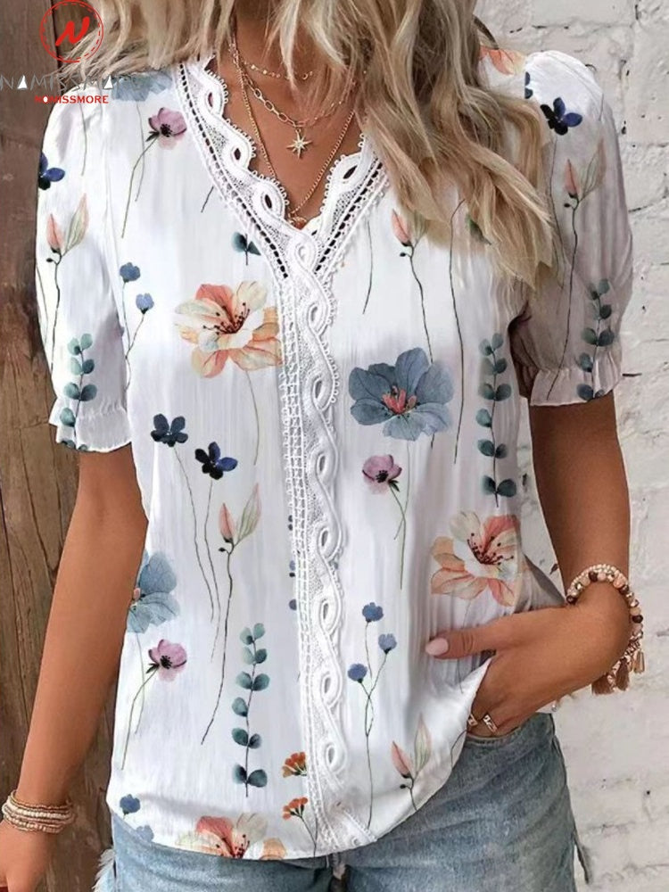 Fashion Women Summer Print Casual T-Shirts Patchwork Design Lace Deco