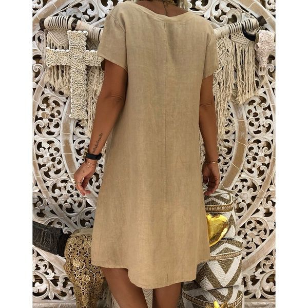 Cotton Linen Solid Loose V Neck Short Sleeve Midi Dress