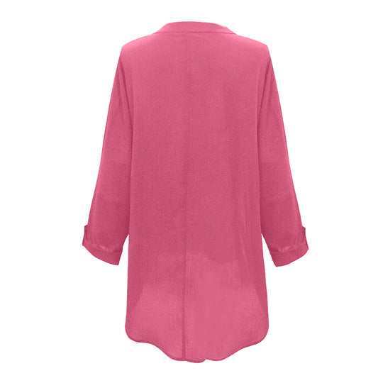 Casual Soft Long Sleeve Cotton Linen Solid Loose V-neck Shirt