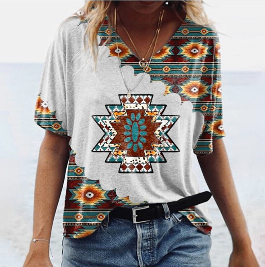 Short Sleeve Print V Neck T-Shirt