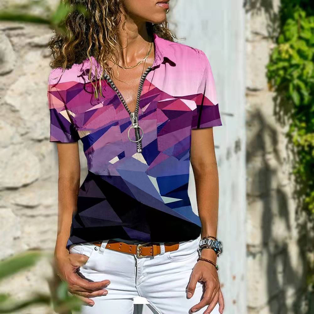 Short Sleeve V-Neck Zipper Loose Pullover T-Shirt