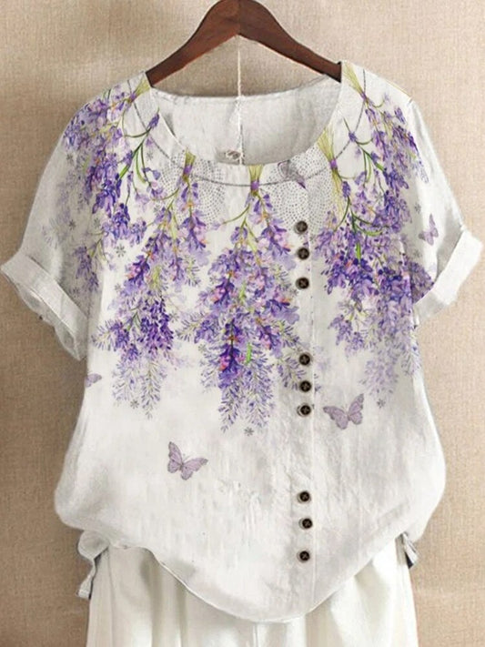 Women Short Sleeve Floral Print O-Neck Casual Loose T-Shirt