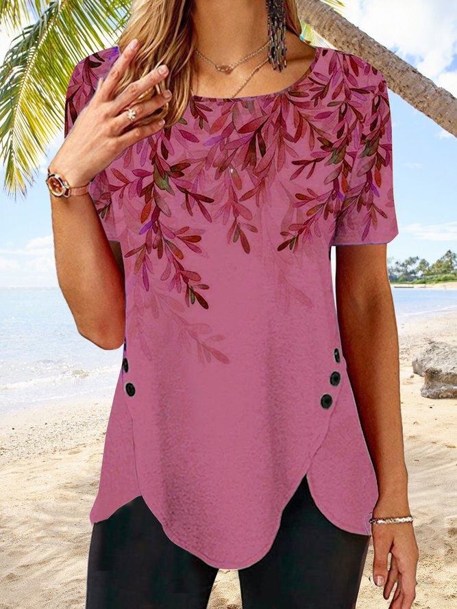 Print Button Irregular Bottom Round Neck Short Sleeve T-Shirts