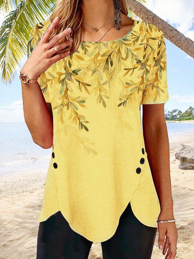 Print Button Irregular Bottom Round Neck Short Sleeve T-Shirts