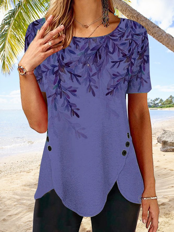 Print Button Irregular Bottom Round Neck Short Sleeve T-Shirts