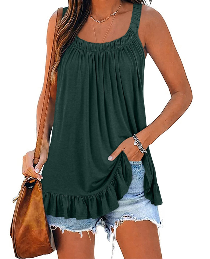 Loose Sleeveless Pleated Vest  Solid Color Pullover Off Shoulder Tank Top