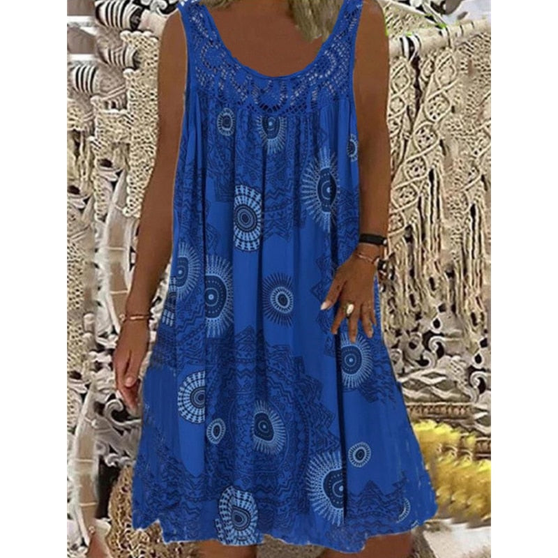 A-Line Vintage Print Loose Pullover Round Neck Casual Lace Panel Midi Dress