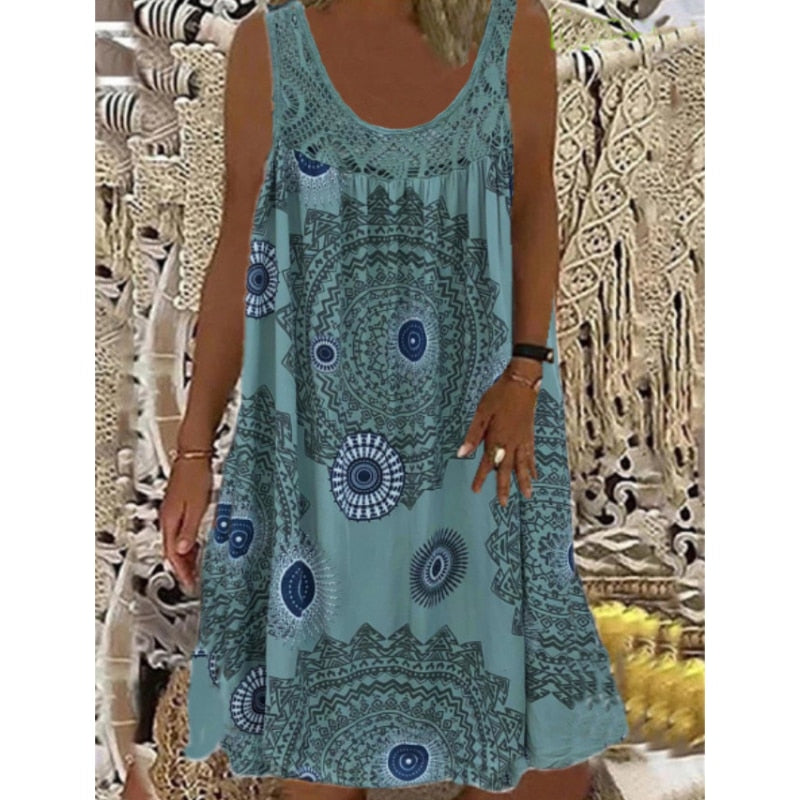 A-Line Vintage Print Loose Pullover Round Neck Casual Lace Panel Midi Dress