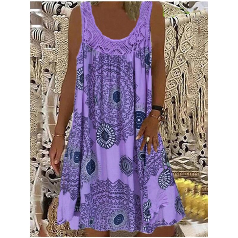 A-Line Vintage Print Loose Pullover Round Neck Casual Lace Panel Midi Dress