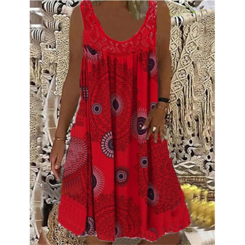 A-Line Vintage Print Loose Pullover Round Neck Casual Lace Panel Midi Dress
