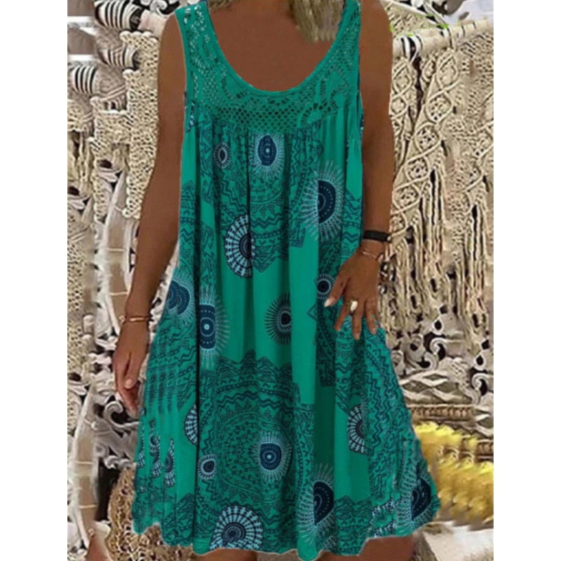 A-Line Vintage Print Loose Pullover Round Neck Casual Lace Panel Midi Dress