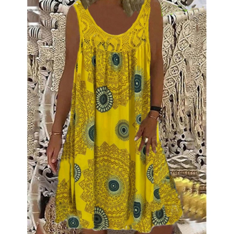 A-Line Vintage Print Loose Pullover Round Neck Casual Lace Panel Midi Dress