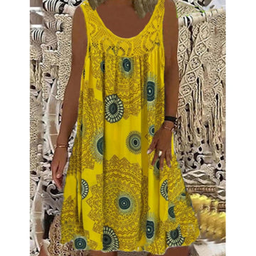 A-Line Vintage Print Loose Pullover Round Neck Casual Lace Panel Midi Dress