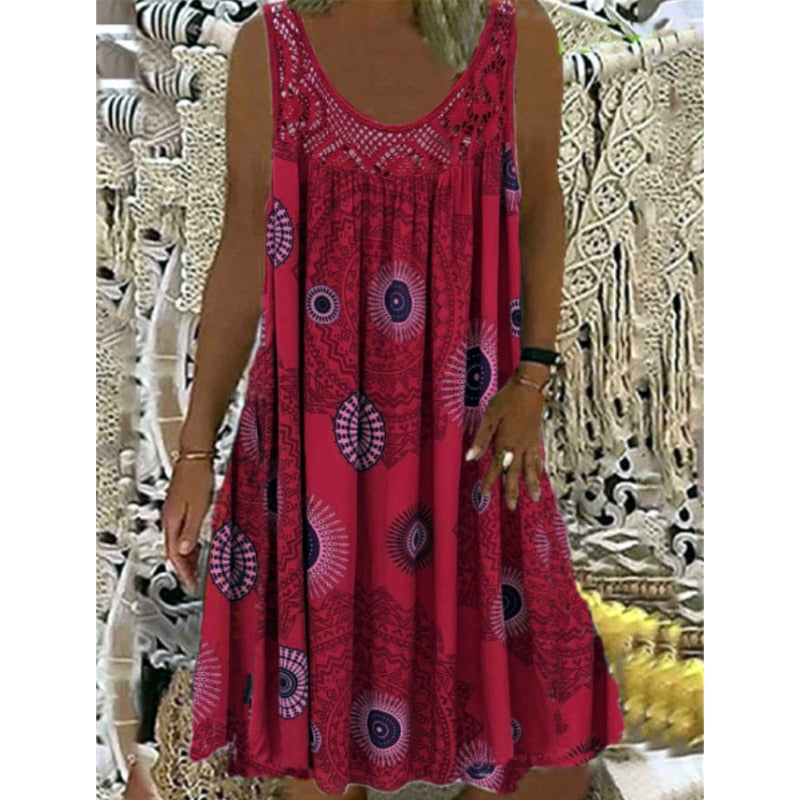 A-Line Vintage Print Loose Pullover Round Neck Casual Lace Panel Midi Dress