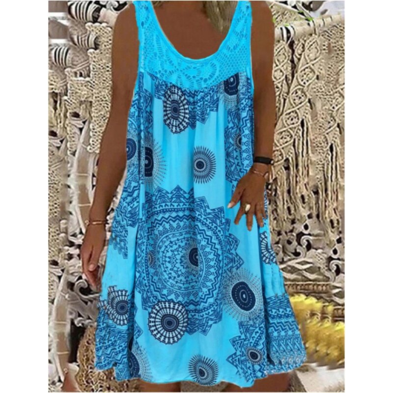 A-Line Vintage Print Loose Pullover Round Neck Casual Lace Panel Midi Dress