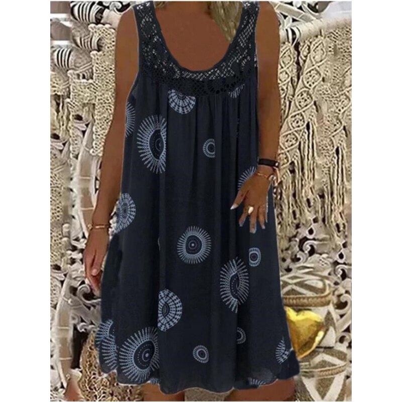 A-Line Vintage Print Loose Pullover Round Neck Casual Lace Panel Midi Dress