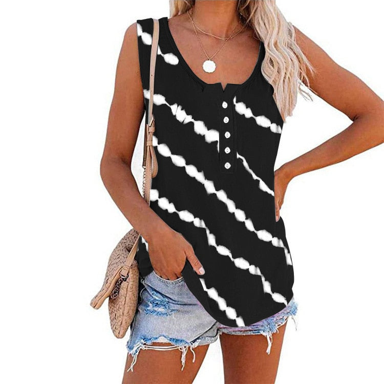 Women??s Summer Printed Diagonal Stripe Tank Top with Round Neck and Button Detail