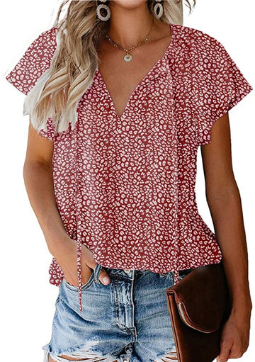 Floral V-Neck Loose Short Sleeved Chiffon T-Shirts