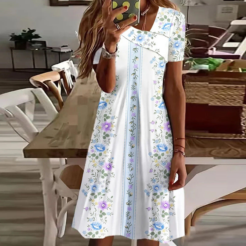 Short Sleeve Printed A Line Mid Waist V-Neck Mini Dress