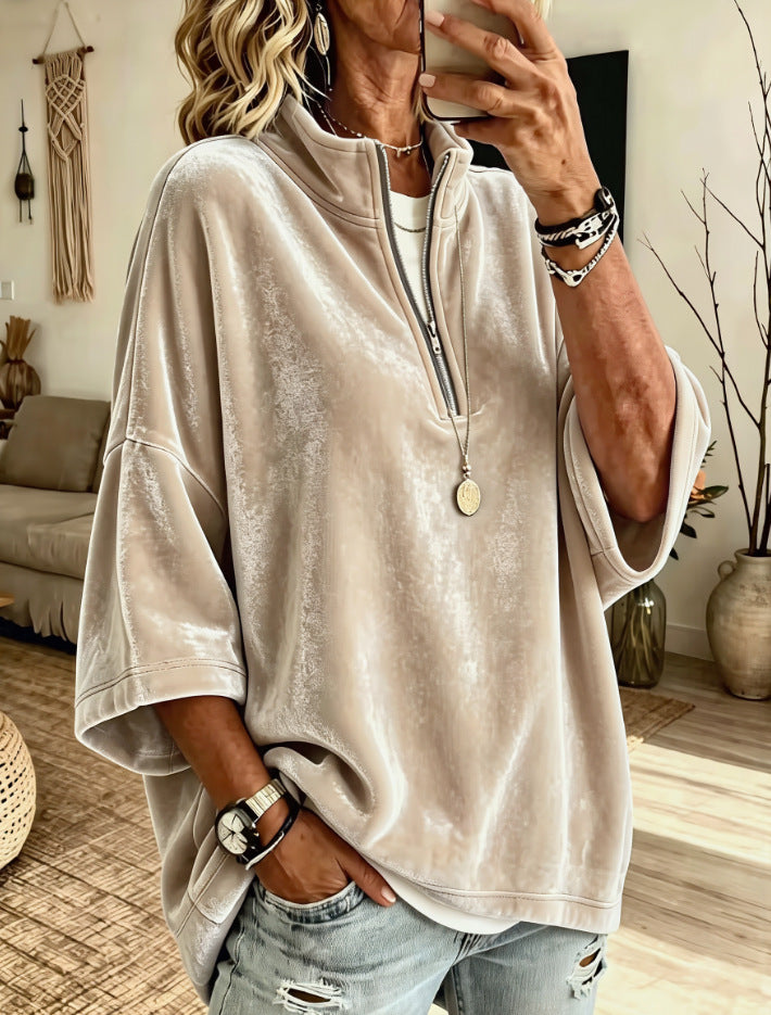 Half-Zip Velvet Top with Three-Quarter Batwing Sleeves