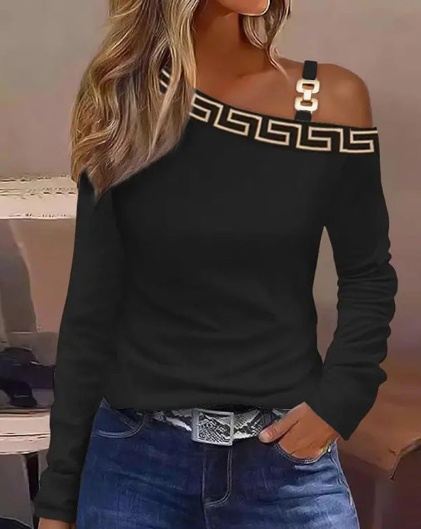 Cutout Lace Stitching Cold Shoulder T-Shirt, Casual Long Sleeve Top