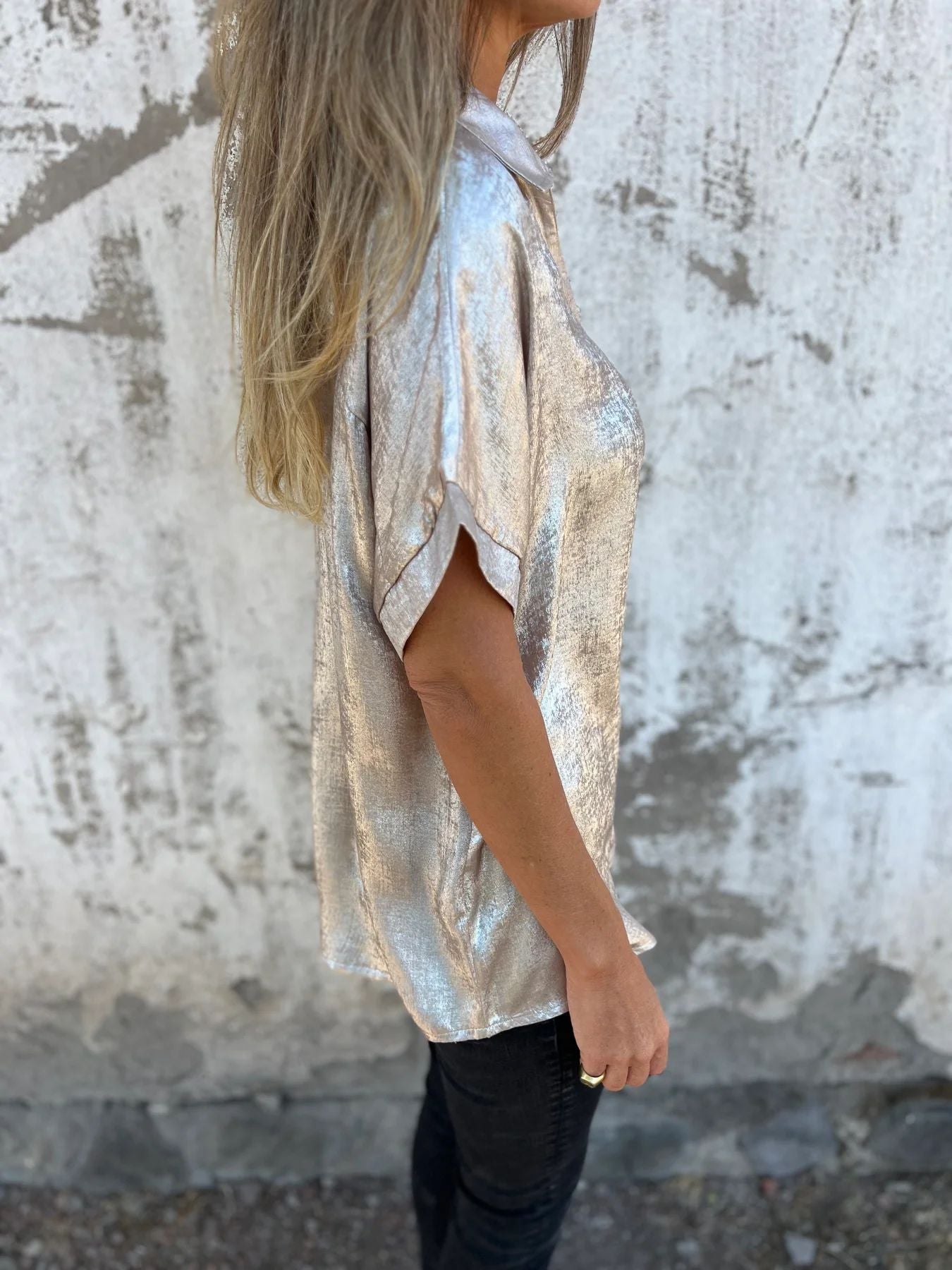 Loose Foiled Short Sleeve Lapel Shirt