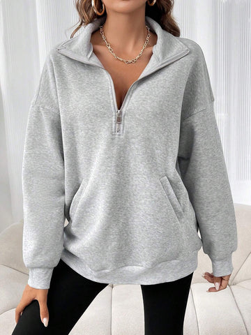 Long Sleeve Crew Neck Design Cozy Zipper Slant Pockets Pullover Sweatshirt