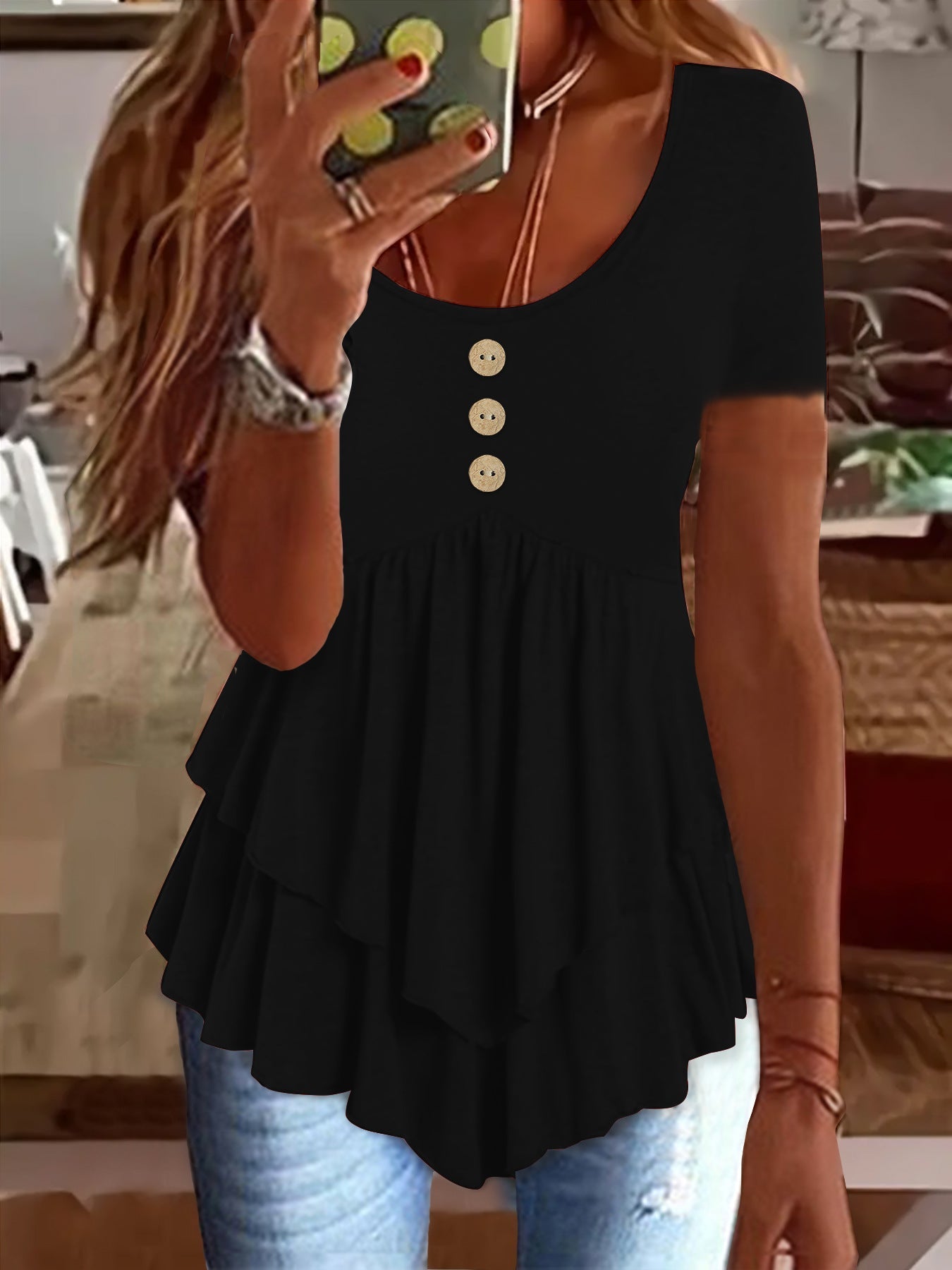 Solid Color Crew Neck T-Shirt, Casual Short Sleeve Button Front Flare Tiered Top