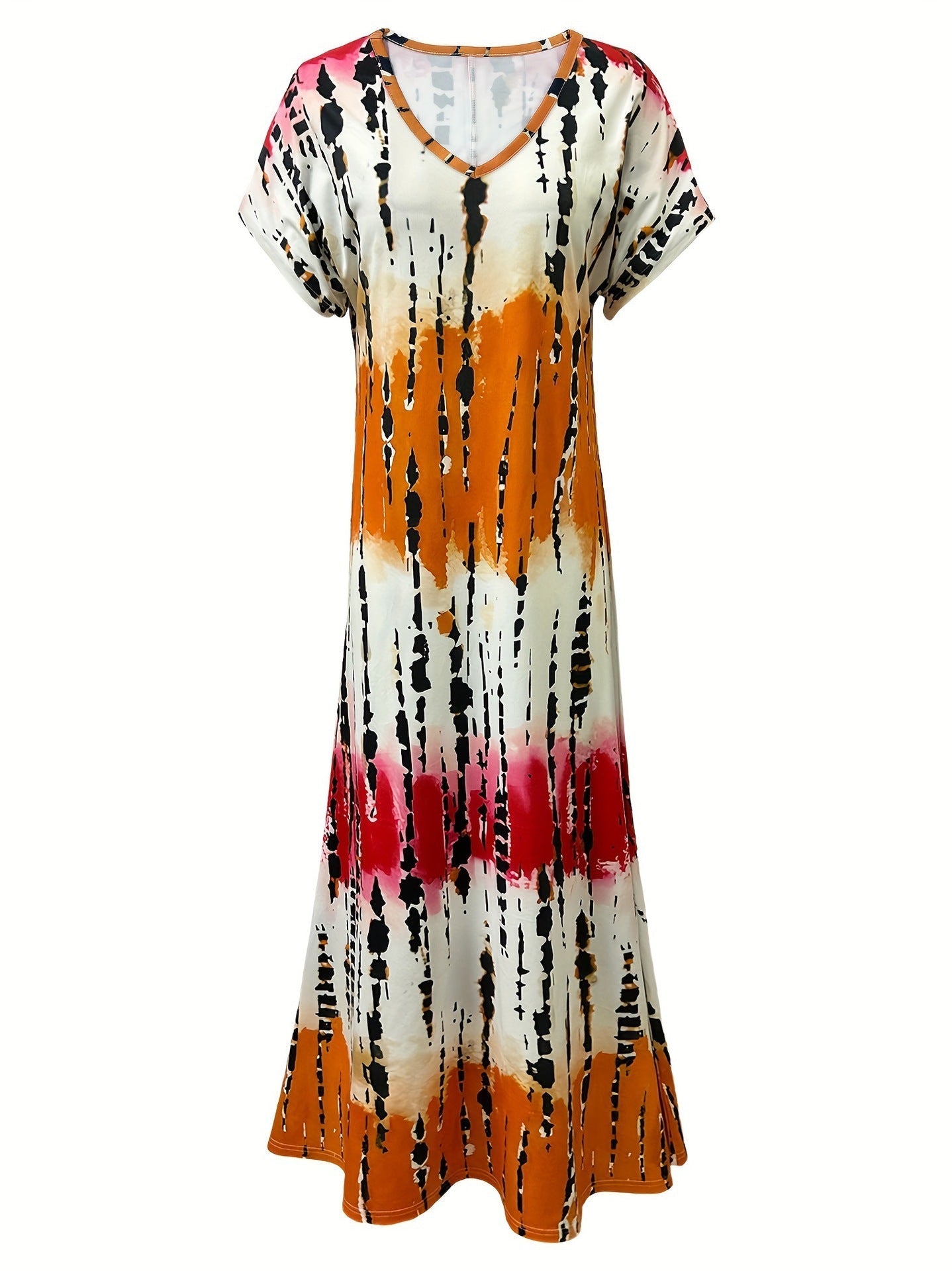 Tie Dye V-neck Dress, Elegant Split Short Sleeve Dress