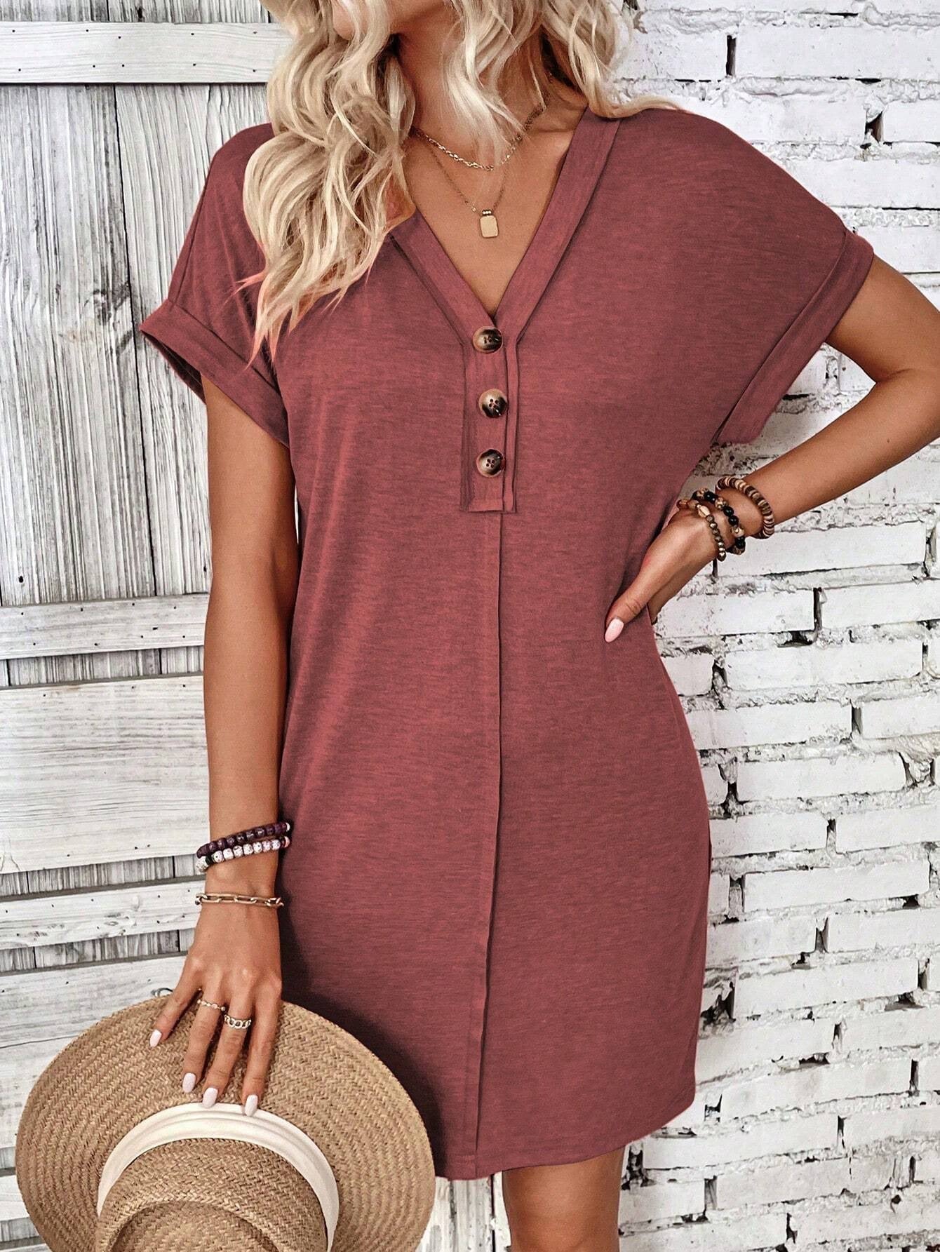 Solid Color V-Neck Batwing Sleeve Midi Dress