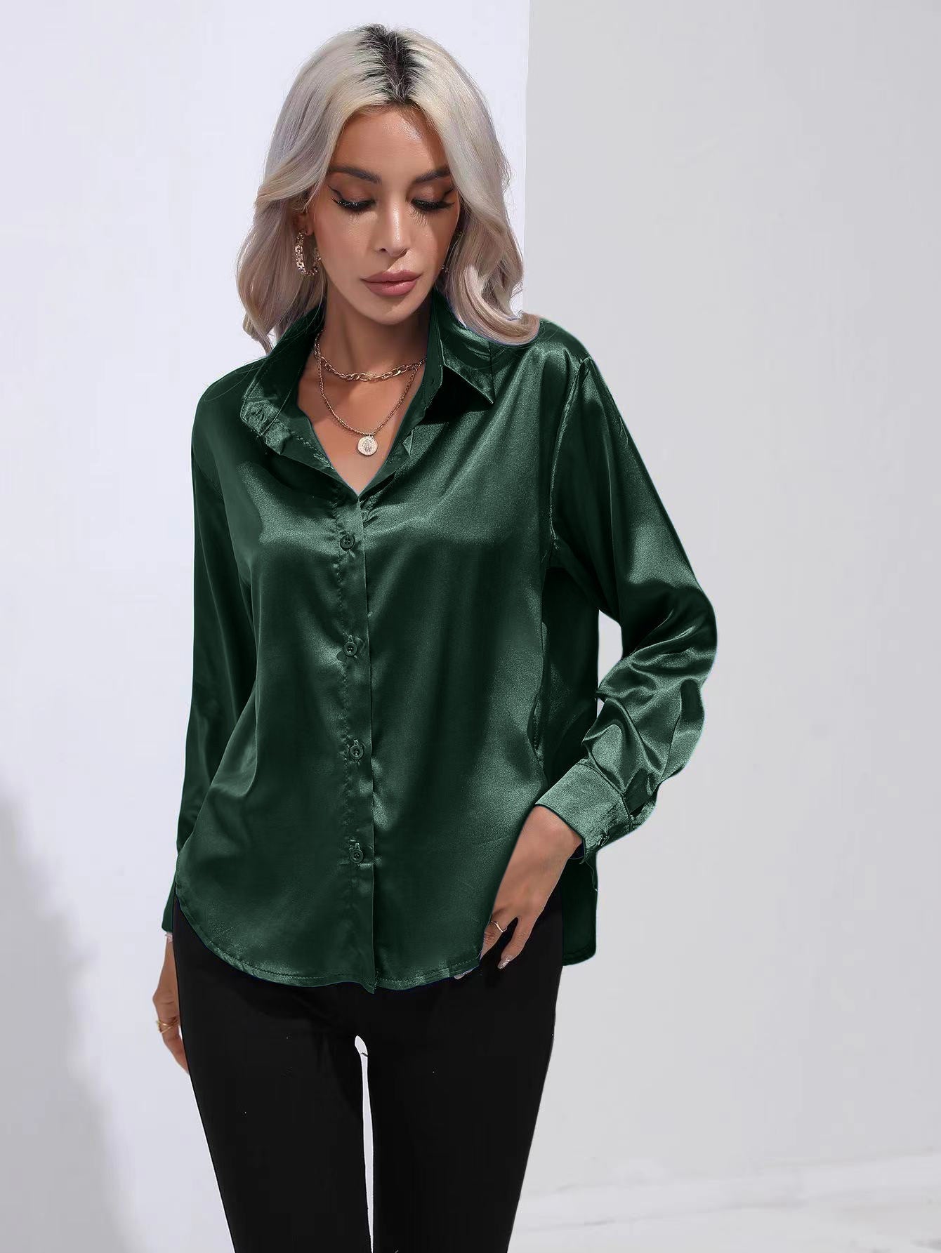 Lapel-collar Satin-satin-faux Silk Long-sleeved Shirt