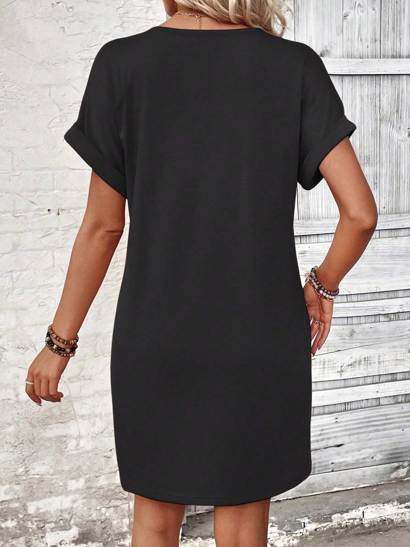 Solid Color V-Neck Batwing Sleeve Midi Dress