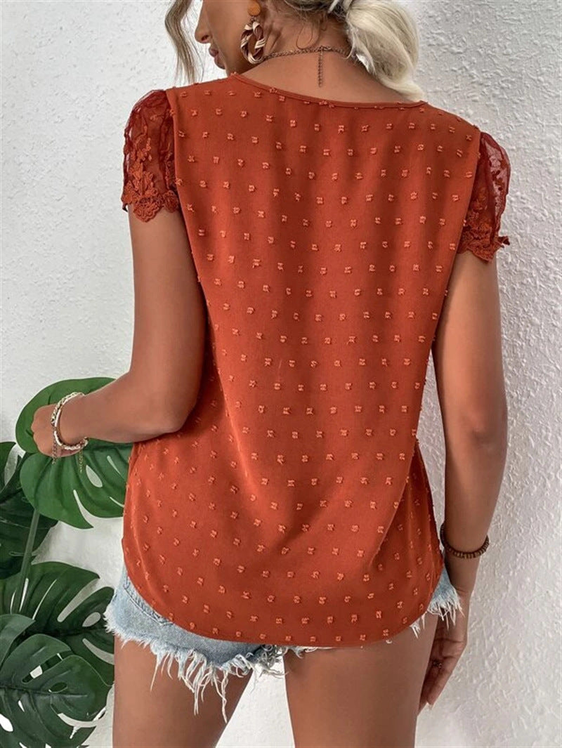 Lace V-neck Loose Blouses, Casual Button Down Lace Sleeve Fashion Shirts Tops