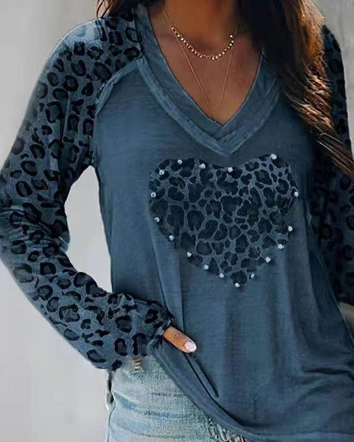 Plaid Heart Print V Neck T-Shirt, Casual Long Sleeve Top