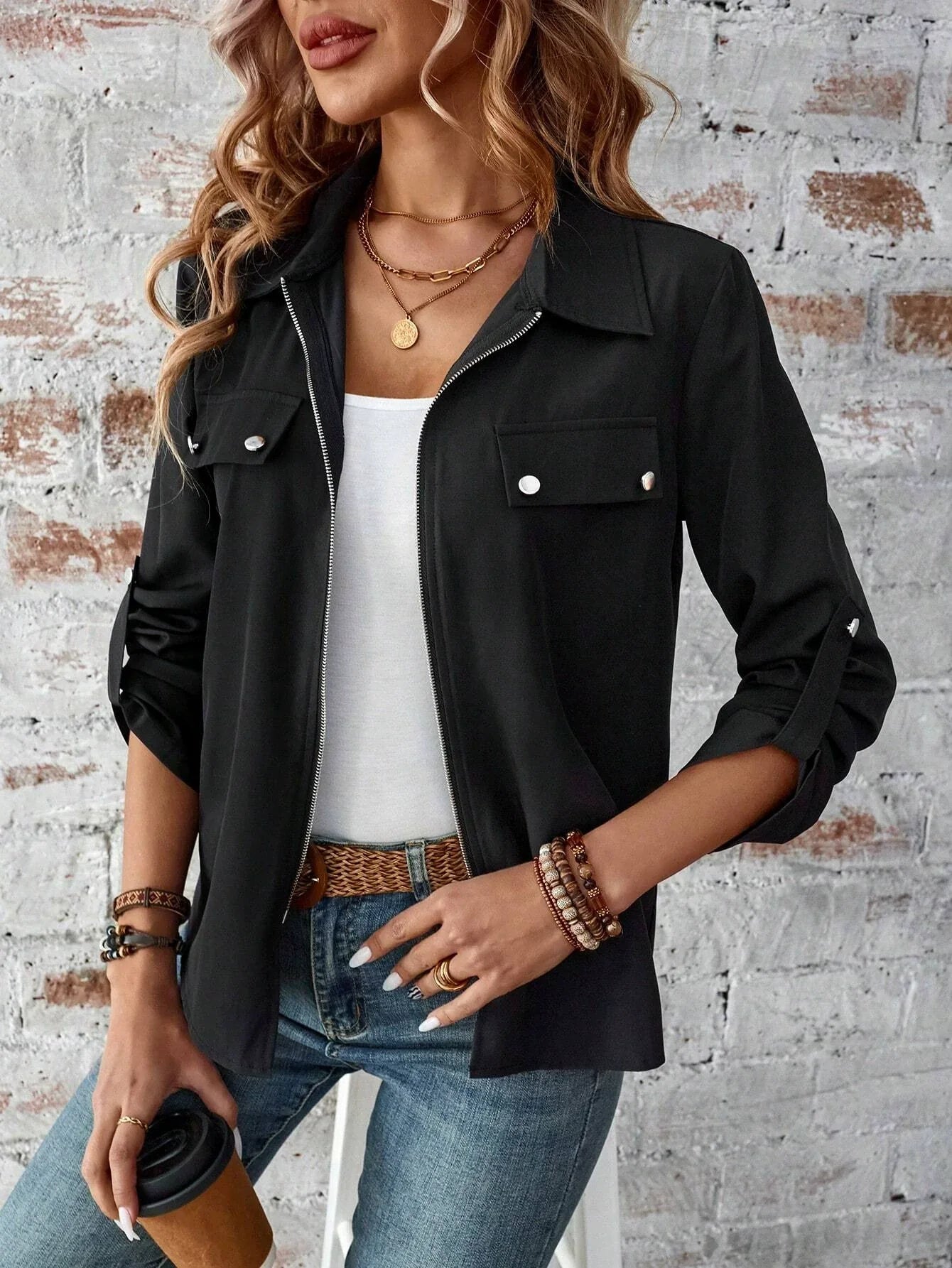 Solid Color Zip Up Jacket, Elegant Long Sleeve Flap Detail Jacket