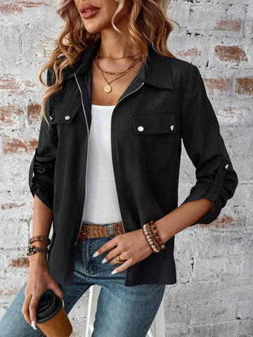 Solid Color Zip Up Jacket, Elegant Long Sleeve Flap Detail Jacket