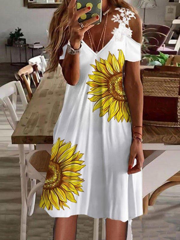 V Neck Ruffles Lace Off Shoulder Crochet Midi Dress