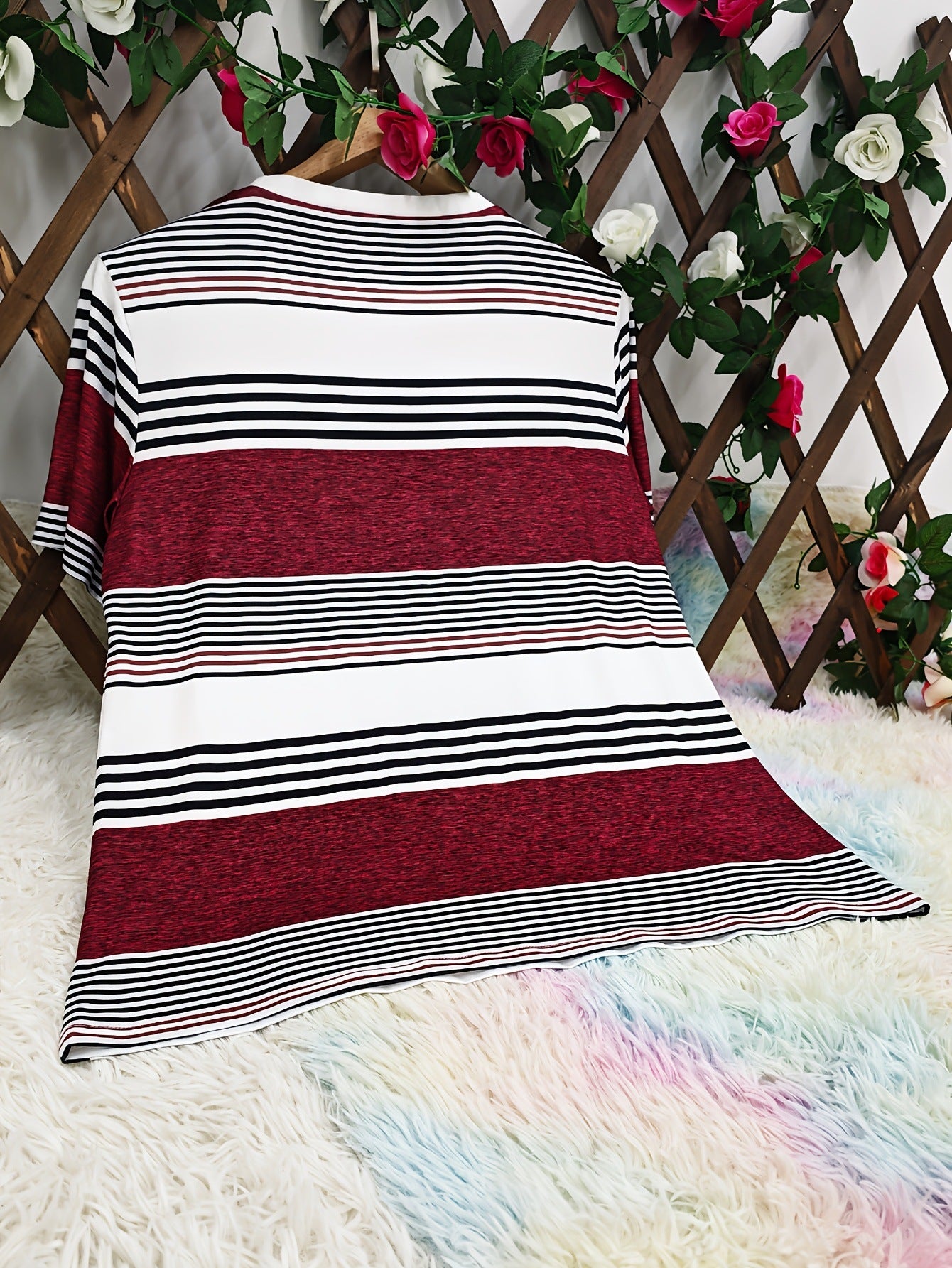 Button Front Vibrant Striped Short Sleeve Crew Neck T-Shirt