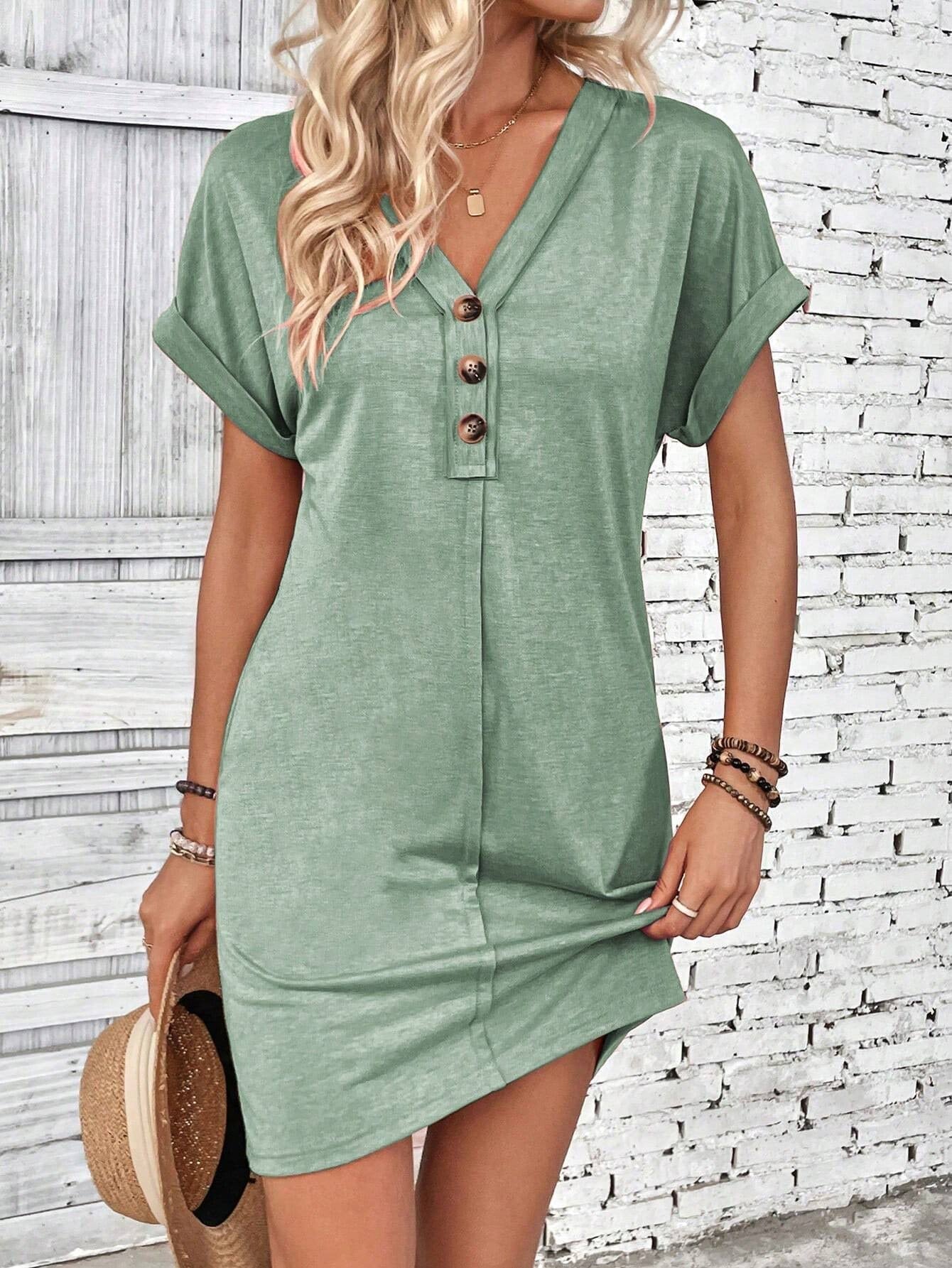 Solid Color V-Neck Batwing Sleeve Midi Dress