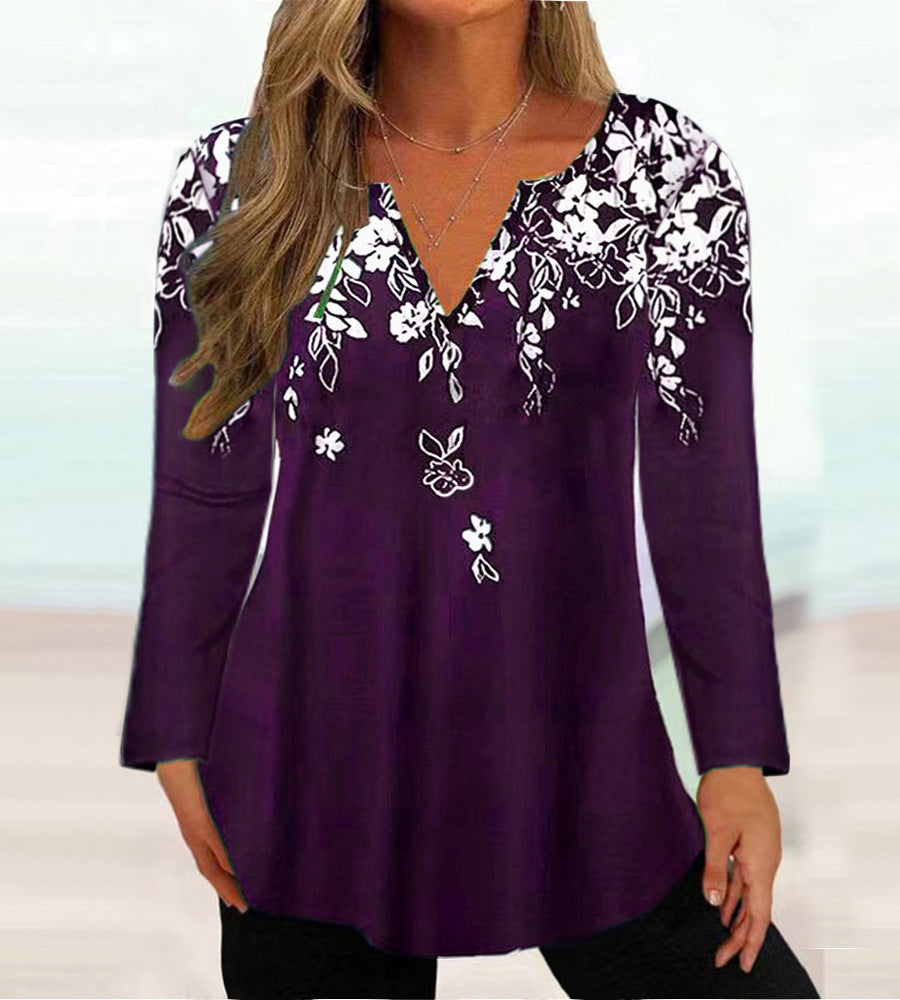 Women's Random Floral Print Long Sleeve Open Front V Neck Slight Stretch Tee
