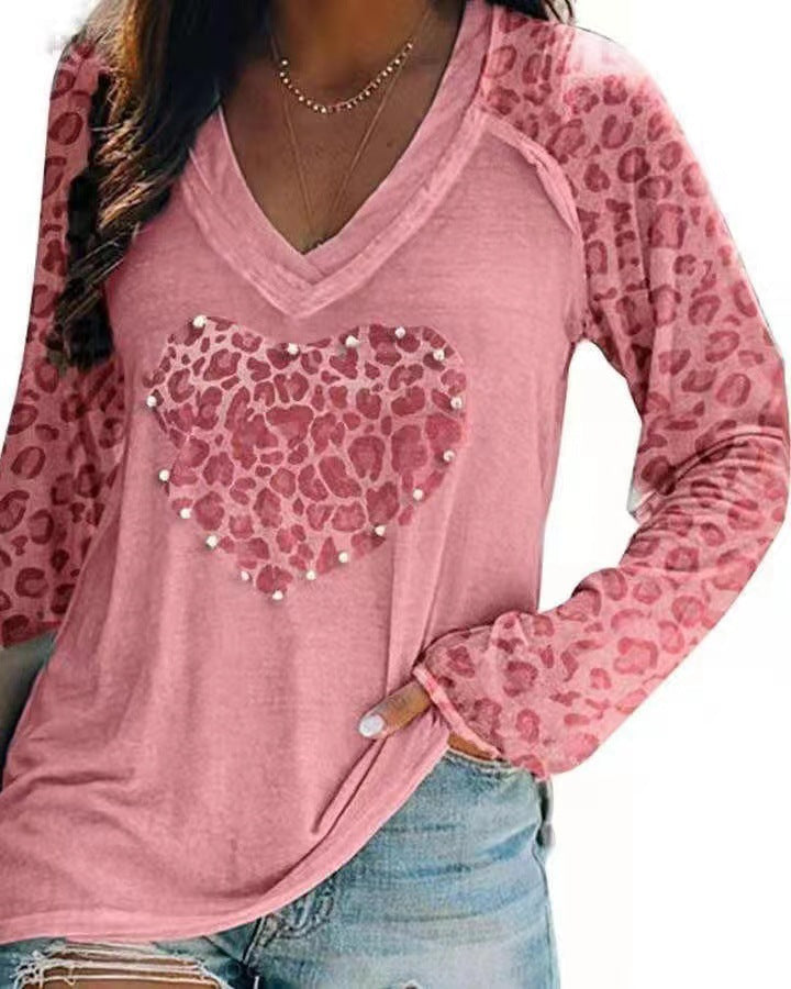 Plaid Heart Print V Neck T-Shirt, Casual Long Sleeve Top