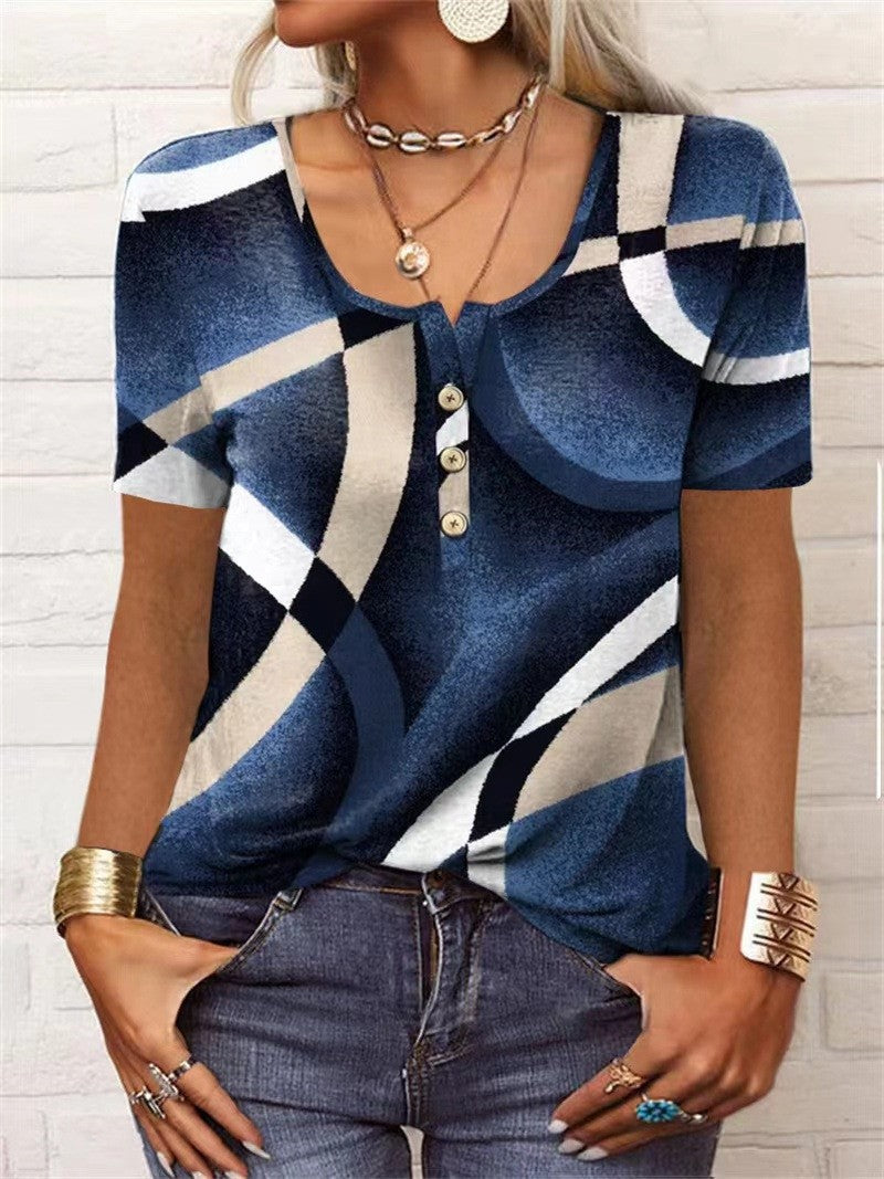 Printed Short Sleeve Pullover Casual Button T-Shirt