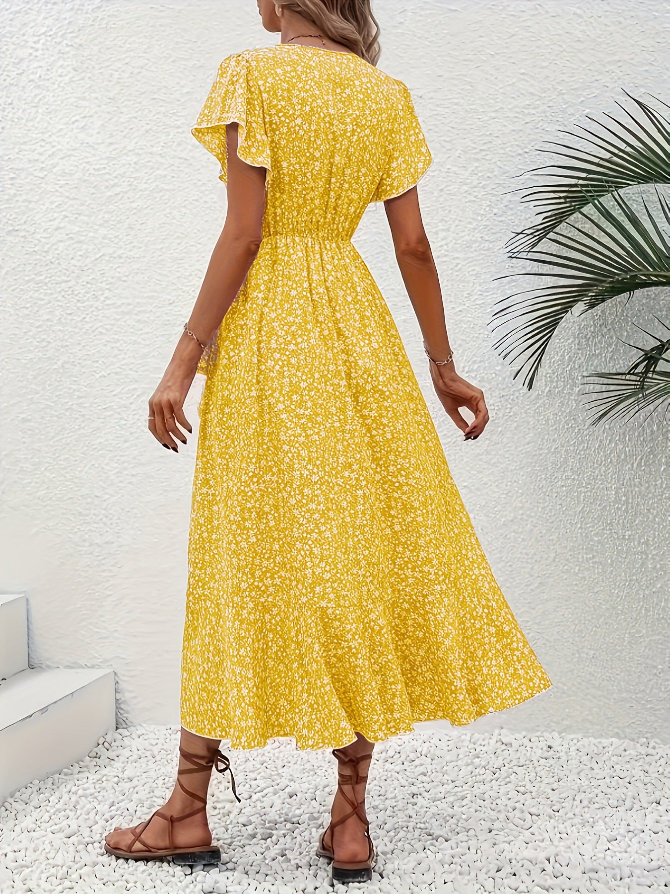 Women's Floral Print Surplice Dress with Flutter Sleeves and Ruffle Hem