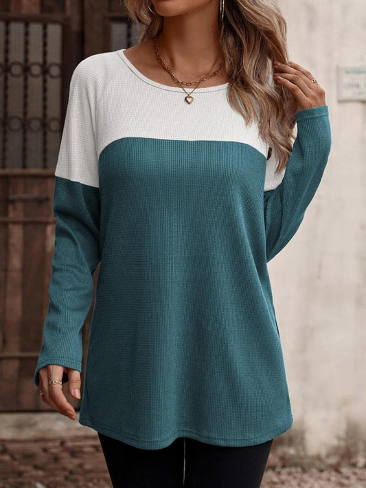 Women's Colorblock Button Decor Waffle Pattern Long Sleeve Round Neck Top