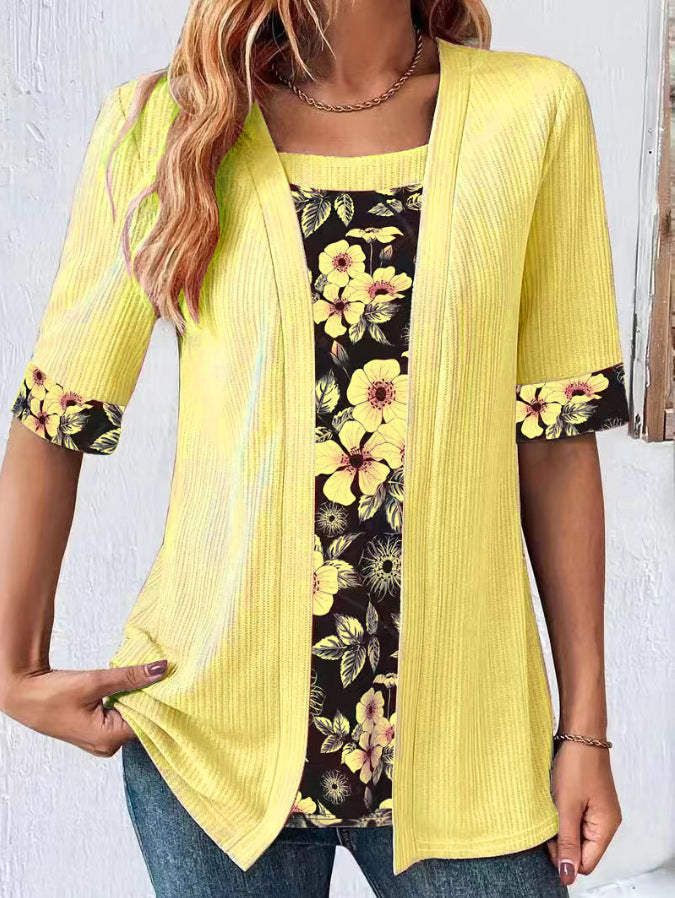 Ladies' Floral Print Fake Two Piece T-Shirt With Square Neckline