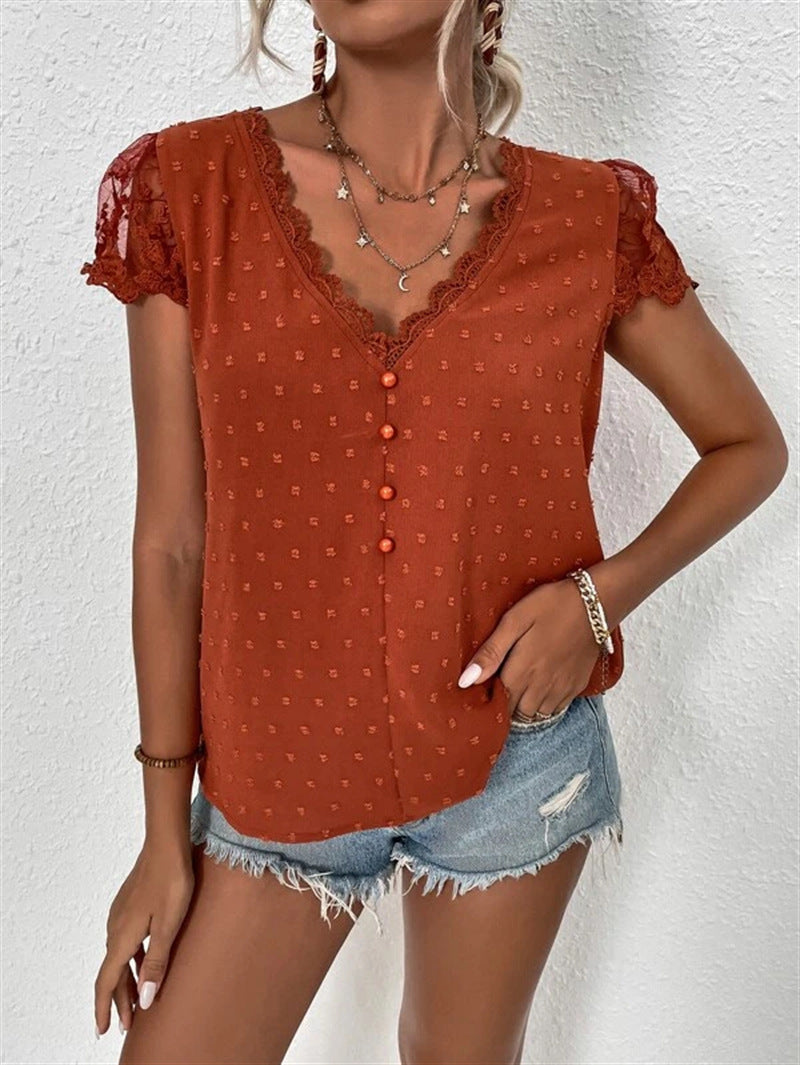 Lace V-neck Loose Blouses, Casual Button Down Lace Sleeve Fashion Shirts Tops