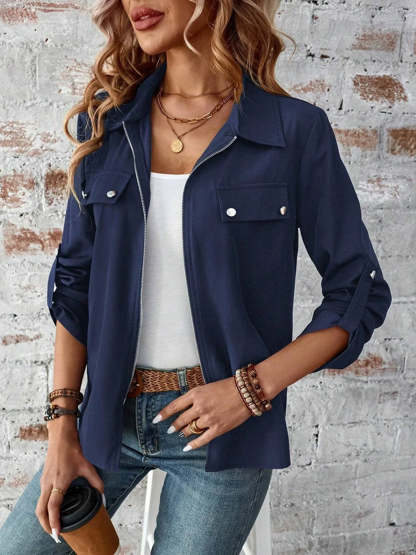 Solid Color Zip Up Jacket, Elegant Long Sleeve Flap Detail Jacket